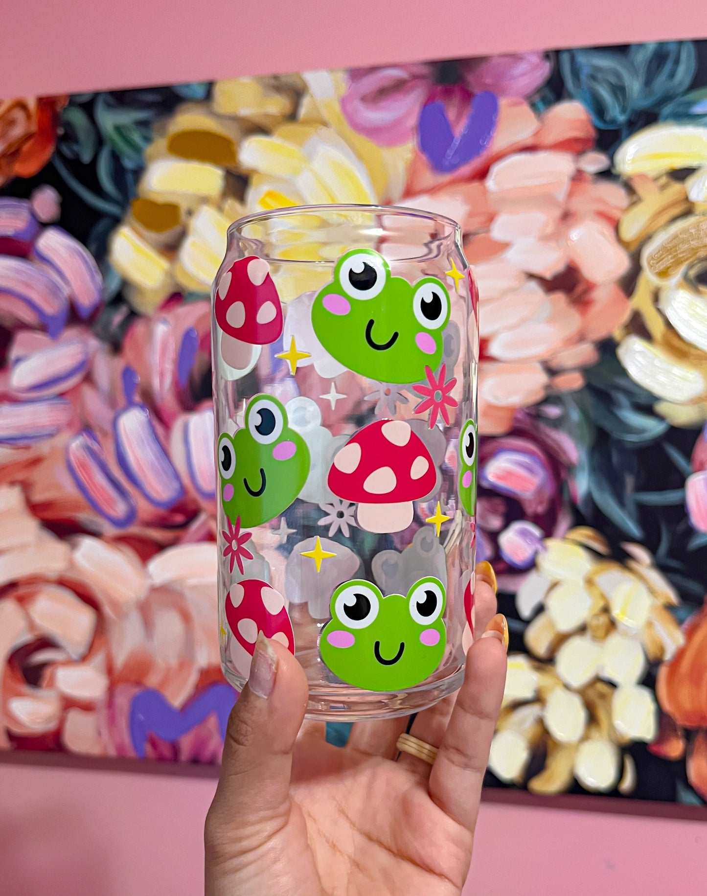 Frogs & mushroom glass cup