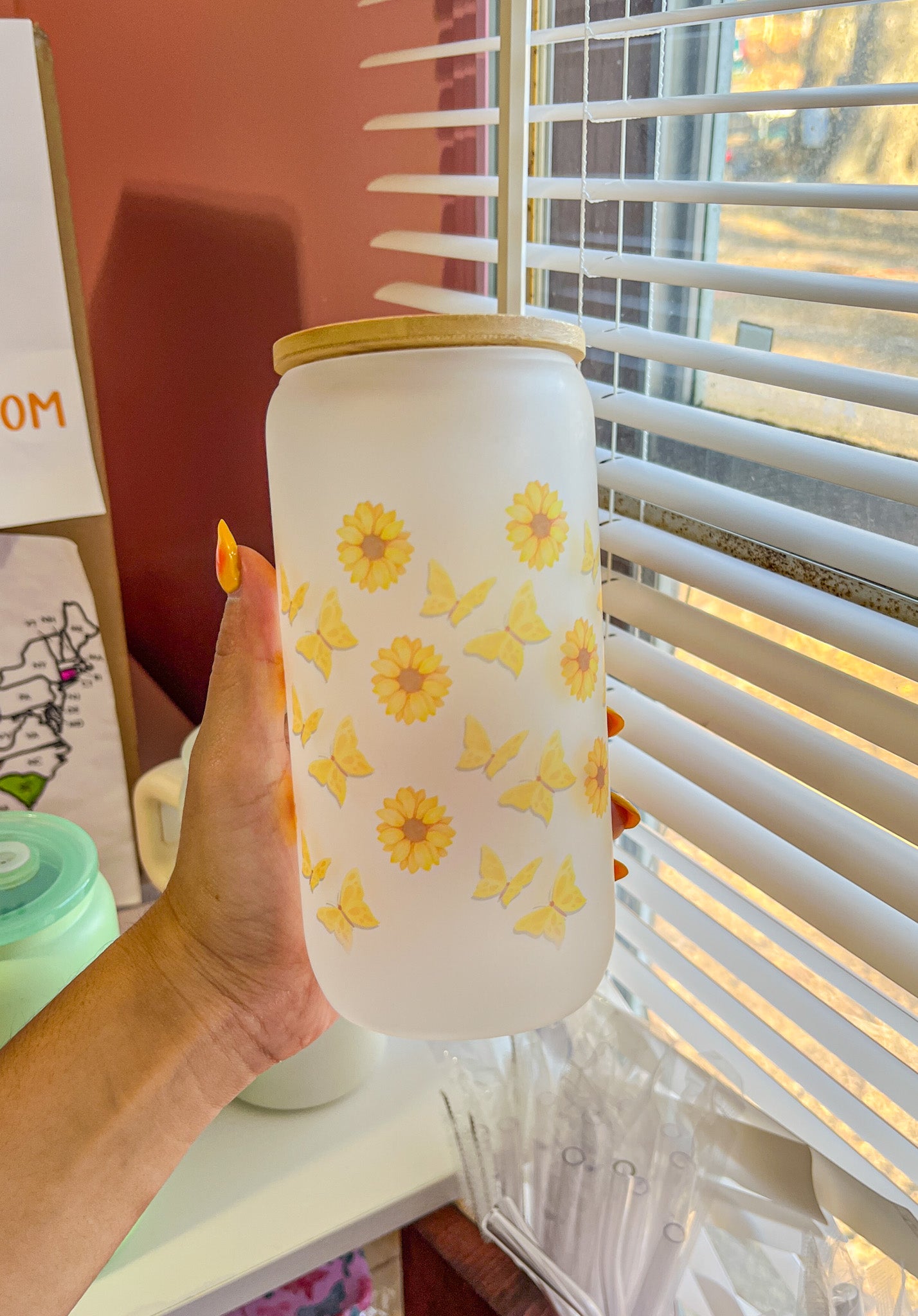 oopsie sunflower butterfly glass cup
