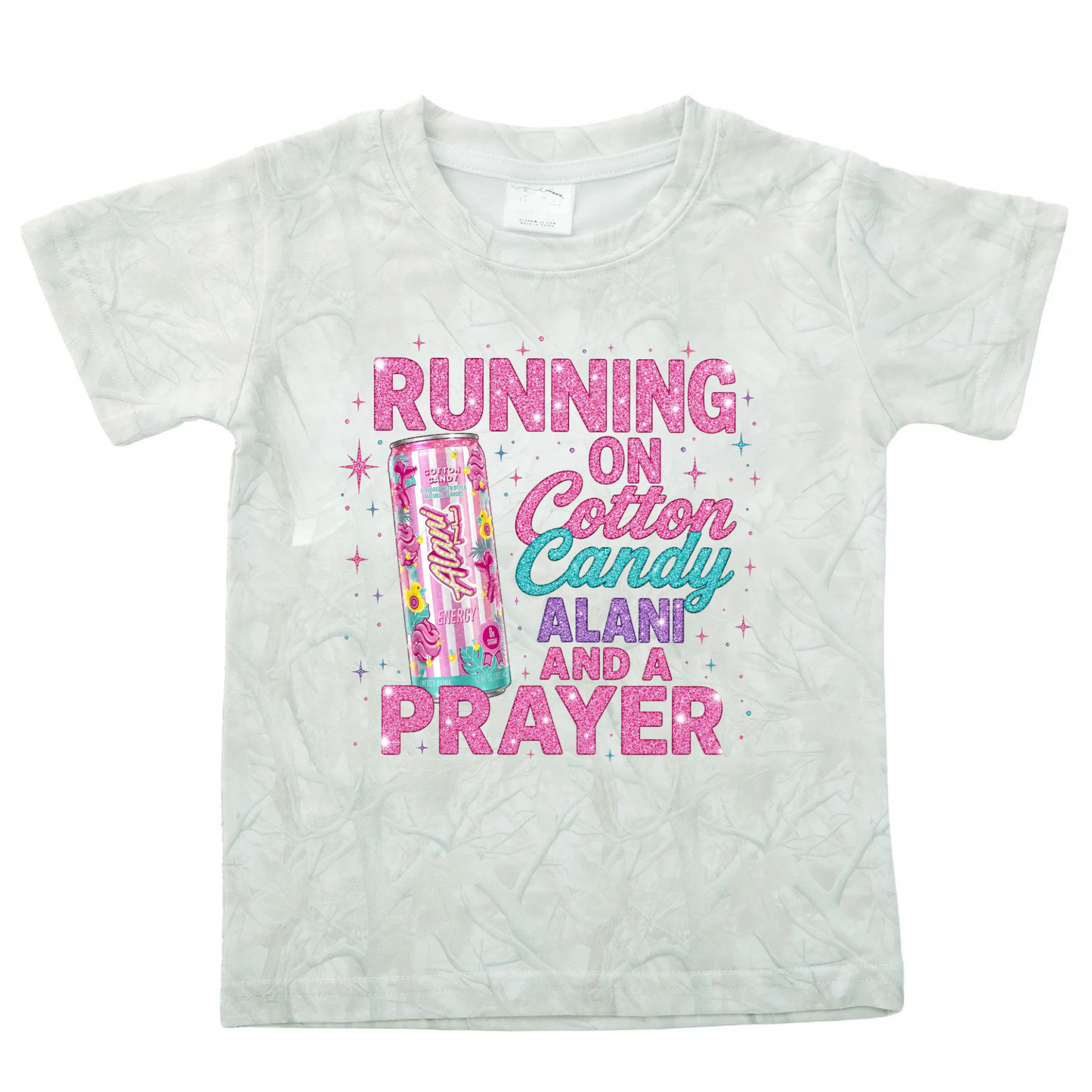 Running on cotton candy and prayer light camo tee