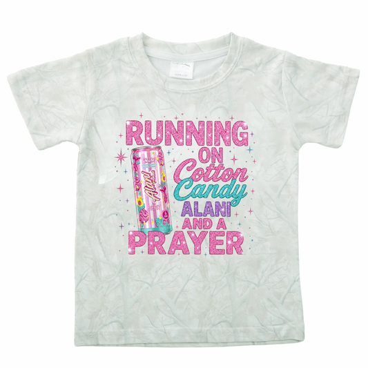 Running on cotton candy and prayer light camo tee